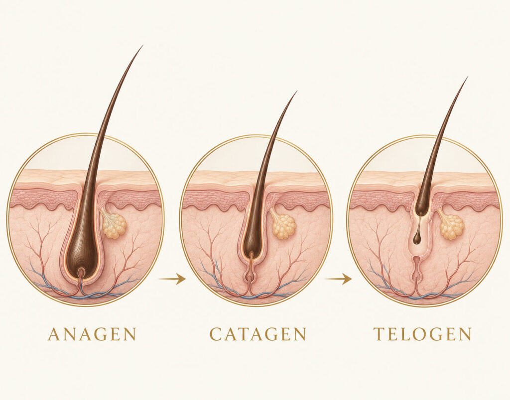 Schema del ciclo del pelo con le fasi anagen, catagen e telogen, utile per spiegare perché l’epilazione laser richiede più sedute.