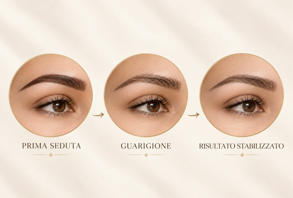 Infografica delle tre fasi del trucco permanente sopracciglia: prima seduta, guarigione e risultato stabilizzato.