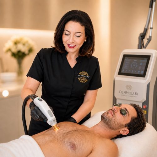 Luciana Calà esegue un trattamento di epilazione laser uomo con tecnologia Dermolux presso il centro di estetica avanzata a Canicattì.